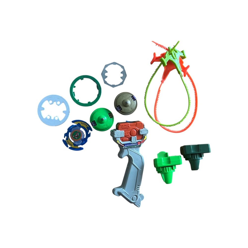 Vintage Beyblade Bundle Grey Yellow EZ Shooter Grip Launcher Bundle Tops+ (DESC)